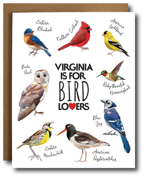 Card with illustrations of various birds and text 'Virginia is for Bird Lovers' on a white background.