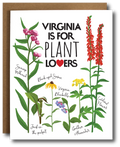 Virginia Is for Plant Lovers greeting card by The Card Bureau featuring hand-drawn illustrations of native Virginia plants including Swamp Milkweed, Black-eyed Susan, Jack-in-the-pulpit, Virginia Bluebells, Golden Alexander, and Cardinal Flower; bold modern typography with red heart accent, A2 size, blank inside, with kraft envelope