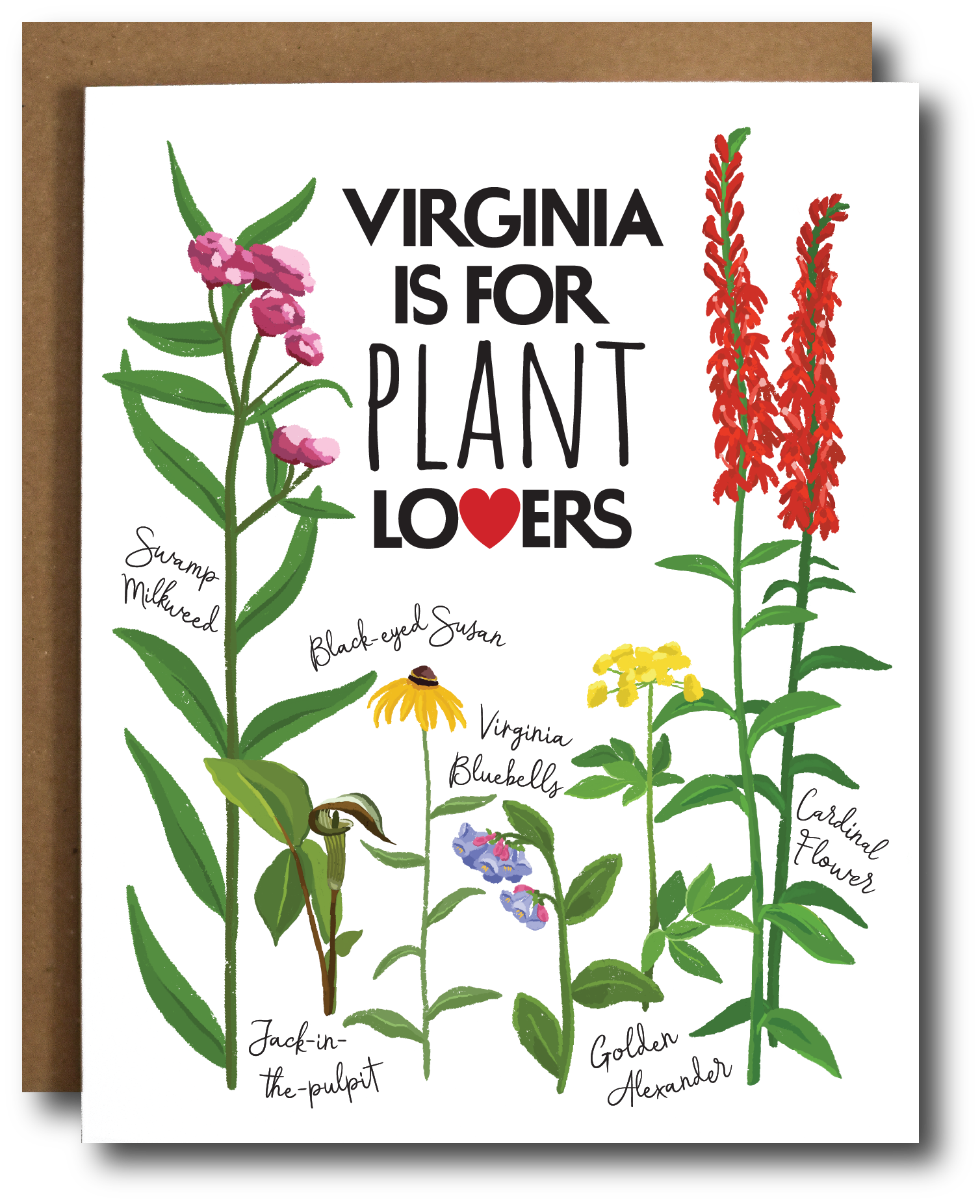 Virginia Is for Plant Lovers greeting card by The Card Bureau featuring hand-drawn illustrations of native Virginia plants including Swamp Milkweed, Black-eyed Susan, Jack-in-the-pulpit, Virginia Bluebells, Golden Alexander, and Cardinal Flower; bold modern typography with red heart accent, A2 size, blank inside, with kraft envelope