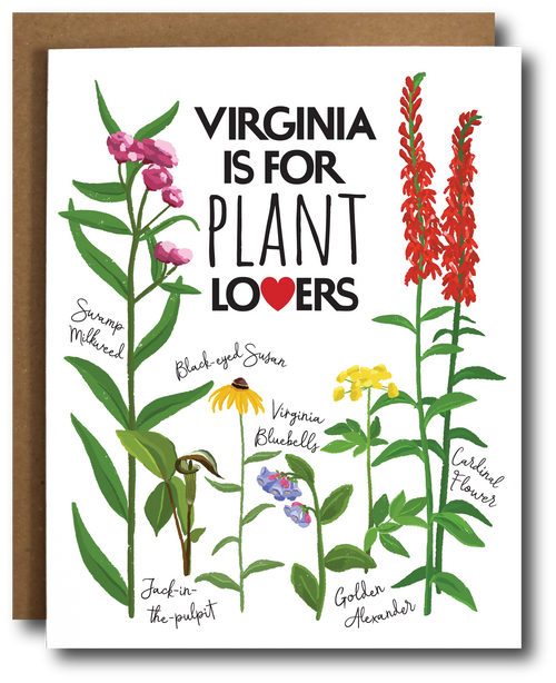 Virginia Is for Plant Lovers greeting card by The Card Bureau featuring hand-drawn illustrations of native Virginia plants including Swamp Milkweed, Black-eyed Susan, Jack-in-the-pulpit, Virginia Bluebells, Golden Alexander, and Cardinal Flower; bold modern typography with red heart accent, A2 size, blank inside, with kraft envelope