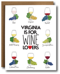 Virginia is for Wine Lovers greeting card by The Card Bureau, featuring colorful illustrations of wine glasses and grape clusters representing popular Virginia varietals including Rosé, Viognier, Merlot, Petit Manseng, Sauvignon Blanc, Cabernet Franc, Chardonnay, and Norton; bold text with red heart accent, blank inside, A2 size with kraft envelope