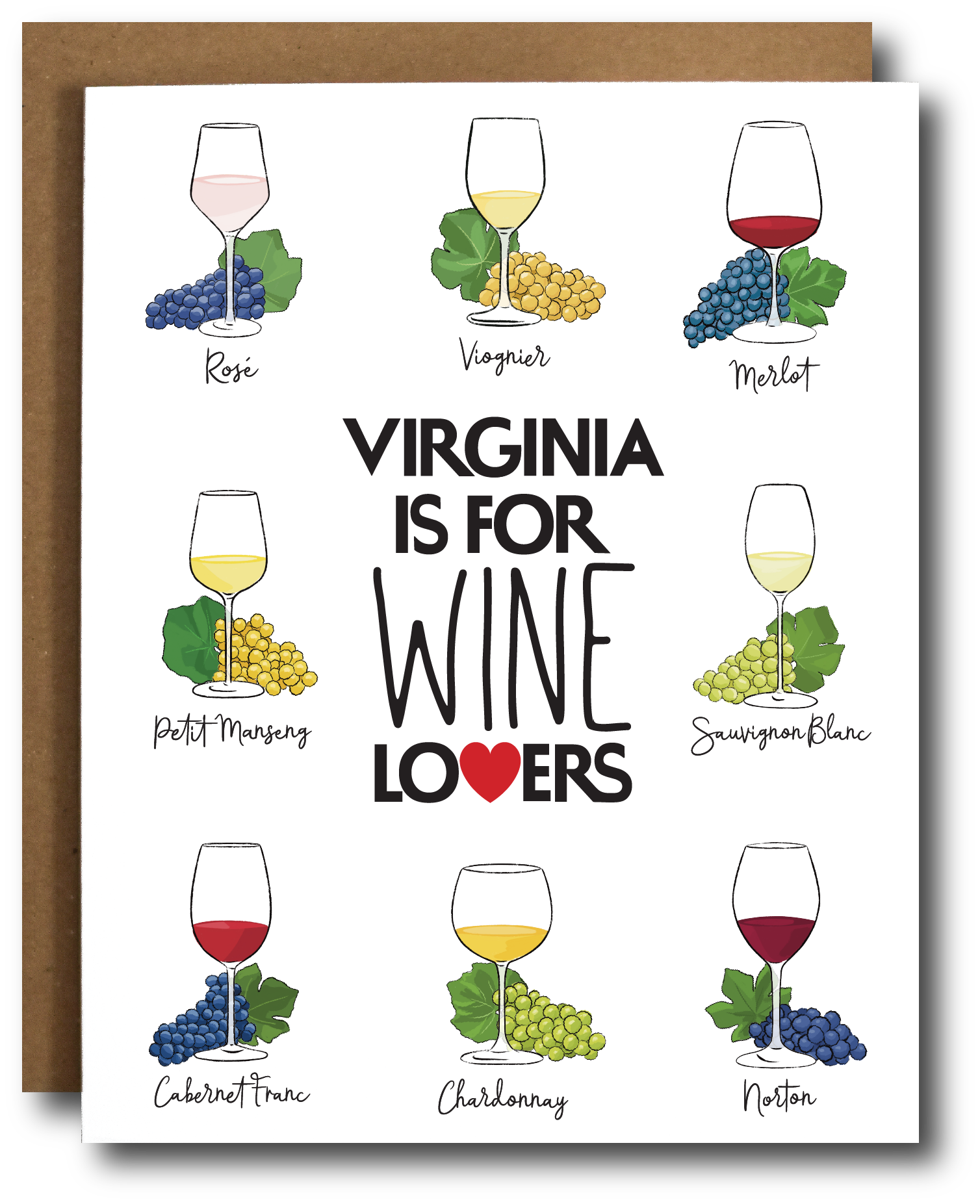 Virginia is for Wine Lovers greeting card by The Card Bureau, featuring colorful illustrations of wine glasses and grape clusters representing popular Virginia varietals including Rosé, Viognier, Merlot, Petit Manseng, Sauvignon Blanc, Cabernet Franc, Chardonnay, and Norton; bold text with red heart accent, blank inside, A2 size with kraft envelope