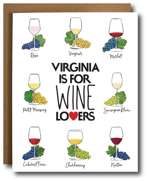 Virginia is for Wine Lovers greeting card by The Card Bureau, featuring colorful illustrations of wine glasses and grape clusters representing popular Virginia varietals including Rosé, Viognier, Merlot, Petit Manseng, Sauvignon Blanc, Cabernet Franc, Chardonnay, and Norton; bold text with red heart accent, blank inside, A2 size with kraft envelope