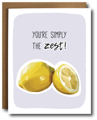 Greeting card with yellow lemons and text 'You're simply the zest!' on a lavender background