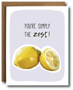 Greeting card with yellow lemons and text 'You're simply the zest!' on a lavender background