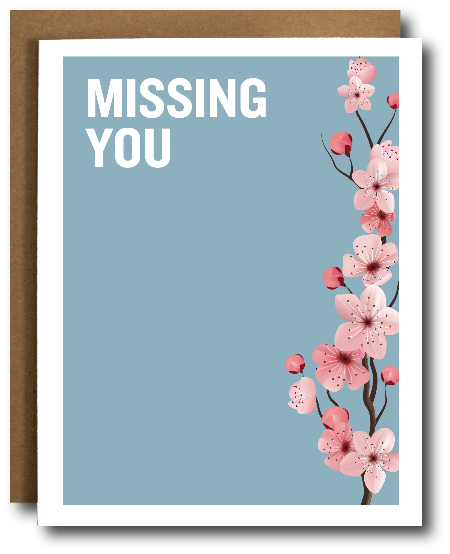 Card with cherry blossoms and 'MISSING YOU' text on a blue background