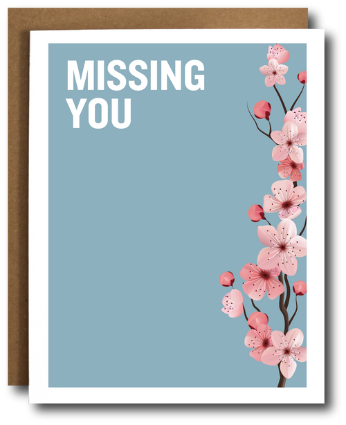 Card with cherry blossoms and 'MISSING YOU' text on a blue background