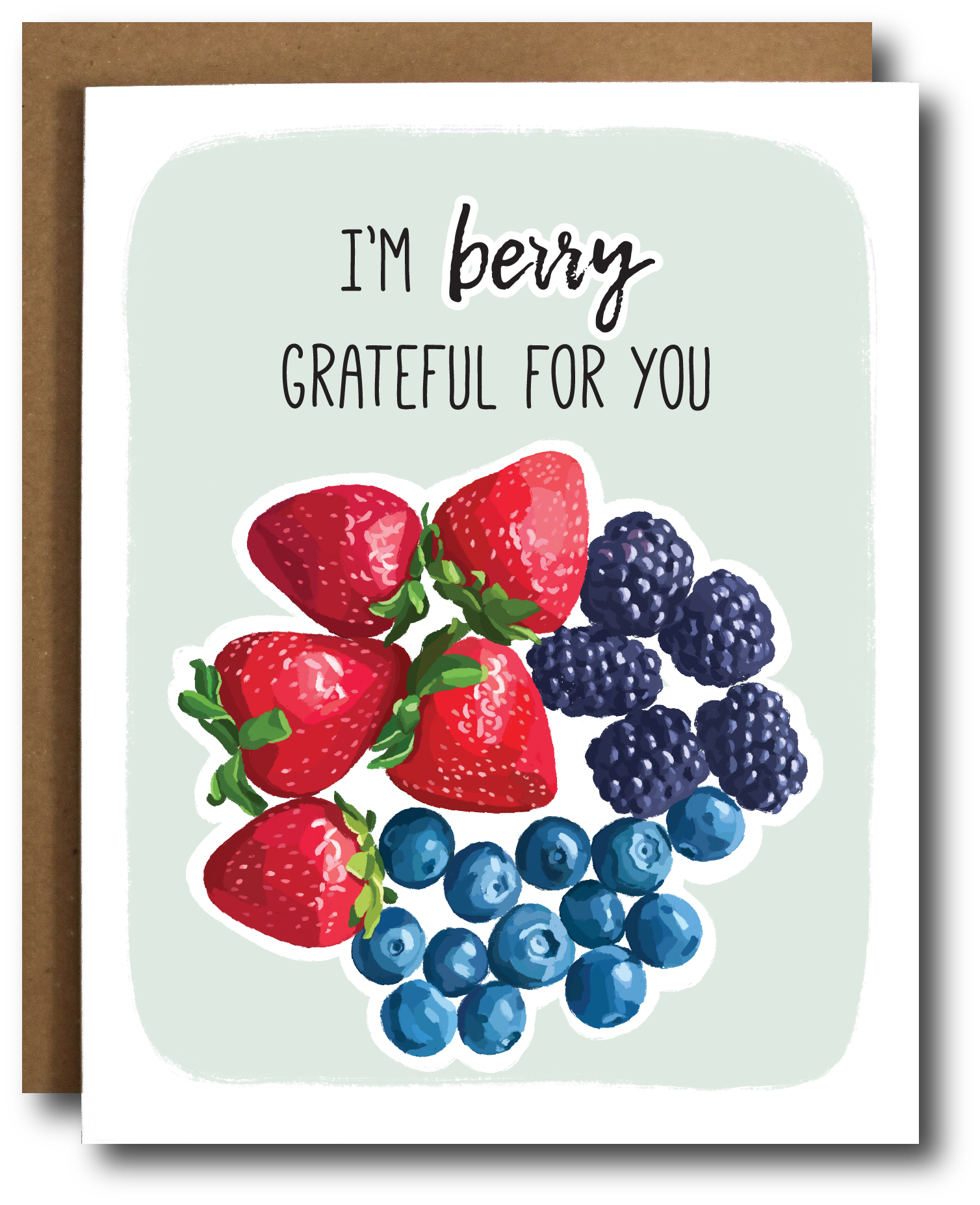 Card with berries and text 'I'm berry grateful for you' on a light green background