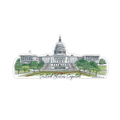 Illustration of the United States Capitol building with trees and a fountain.