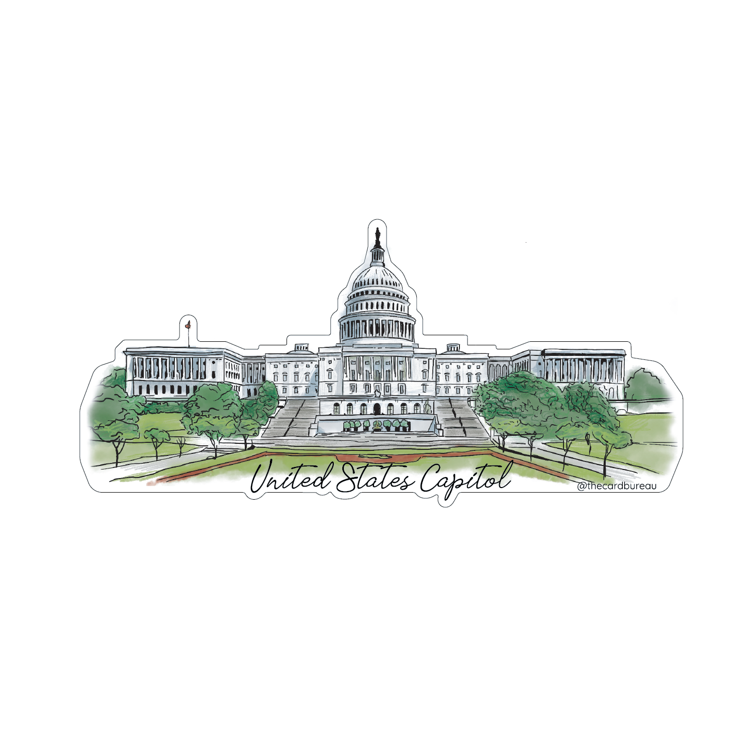 Illustration of the United States Capitol building with trees and a fountain.