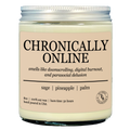 Candle jar labeled 'Chronically Online' on a cream background