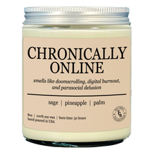 Candle jar labeled 'Chronically Online' on a cream background