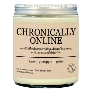 Candle jar labeled 'Chronically Online' on a cream background