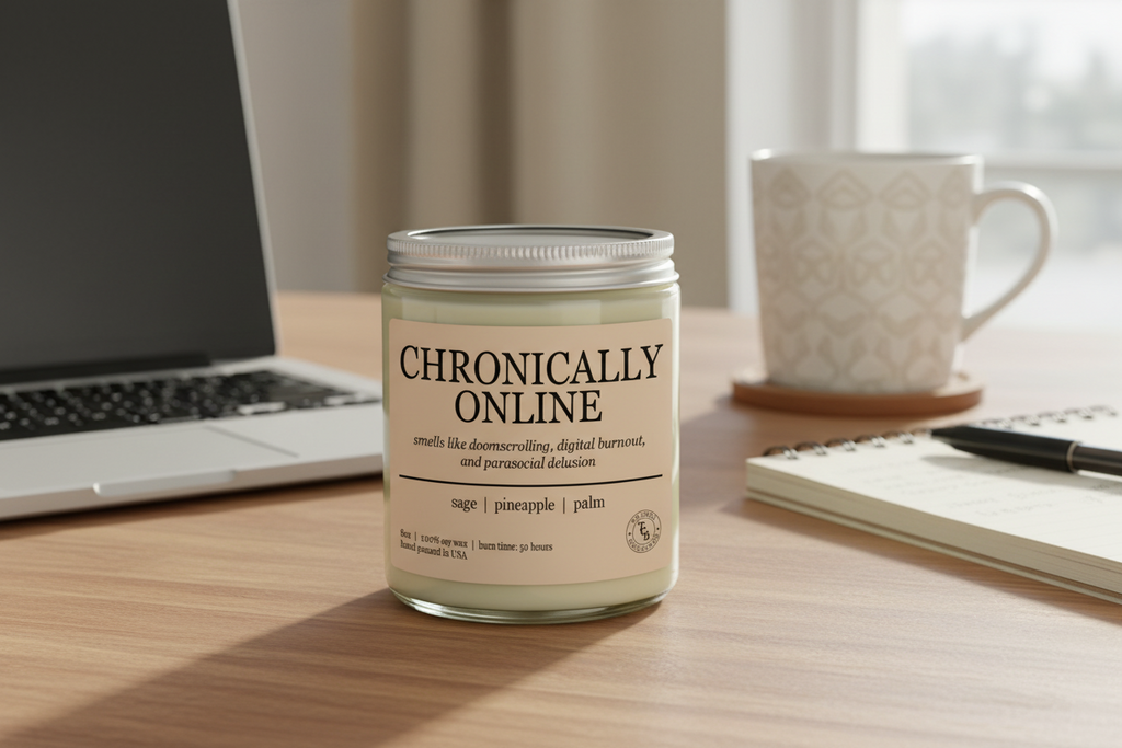 Candle labeled 'Chronically Online' on a desk with a laptop, mug, and notebook.