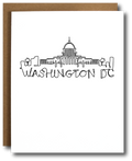 Card with a black and white illustration of Washington DC skyline on a white background