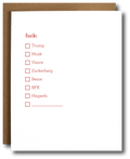 Humorous political greeting card with a checklist titled 'f*ck:' followed by names like Trump, Musk, Vance, Zuckerberg, Bezos, RFK, and Hegseth. Includes an empty checkbox with a blank line for custom input. Clean white background with brown kraft envelope partially shown.