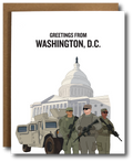 llustrated greeting card showing armed National Guard soldiers and a military vehicle in front of the U.S. Capitol, with the text “Greetings from Washington, D.C.”