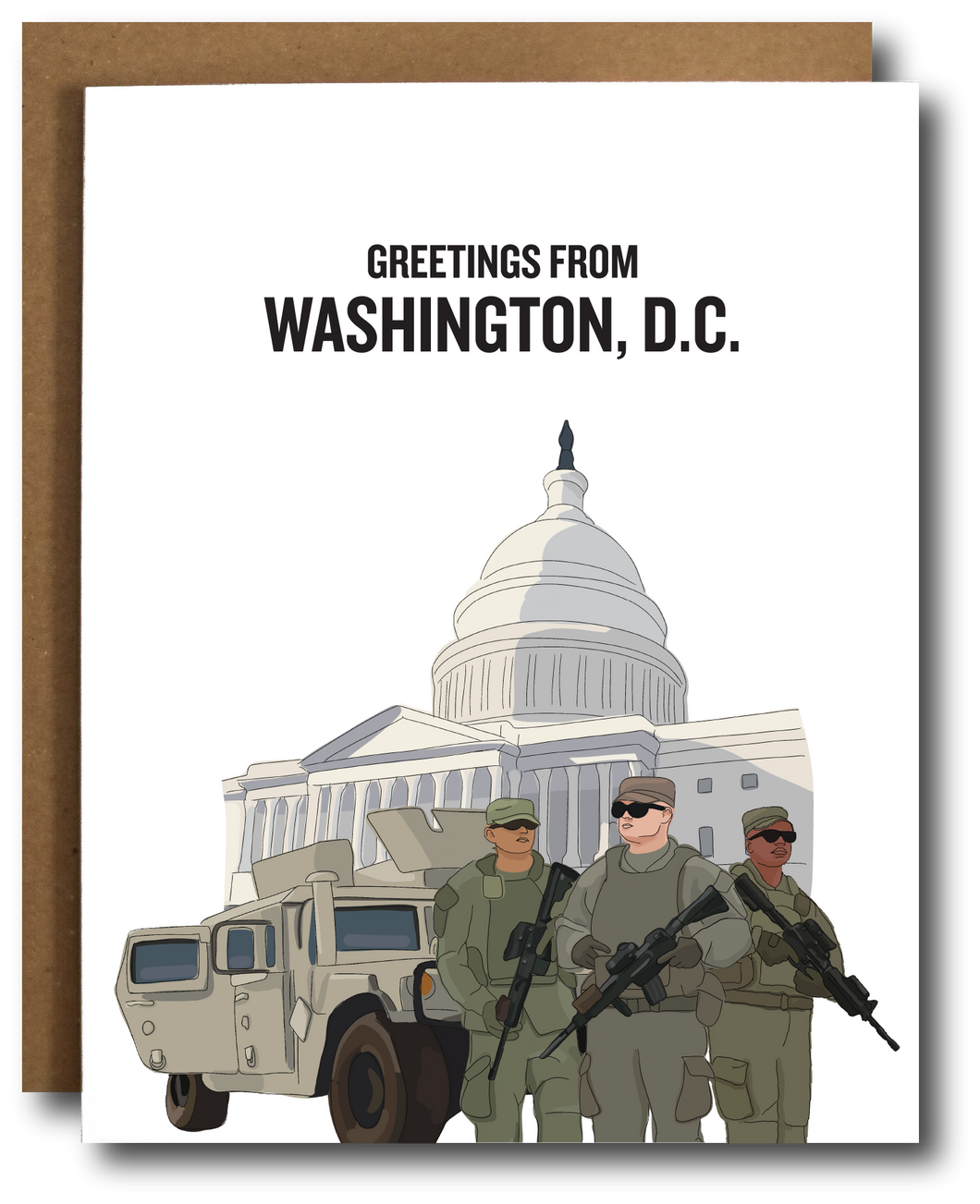 llustrated greeting card showing armed National Guard soldiers and a military vehicle in front of the U.S. Capitol, with the text “Greetings from Washington, D.C.”