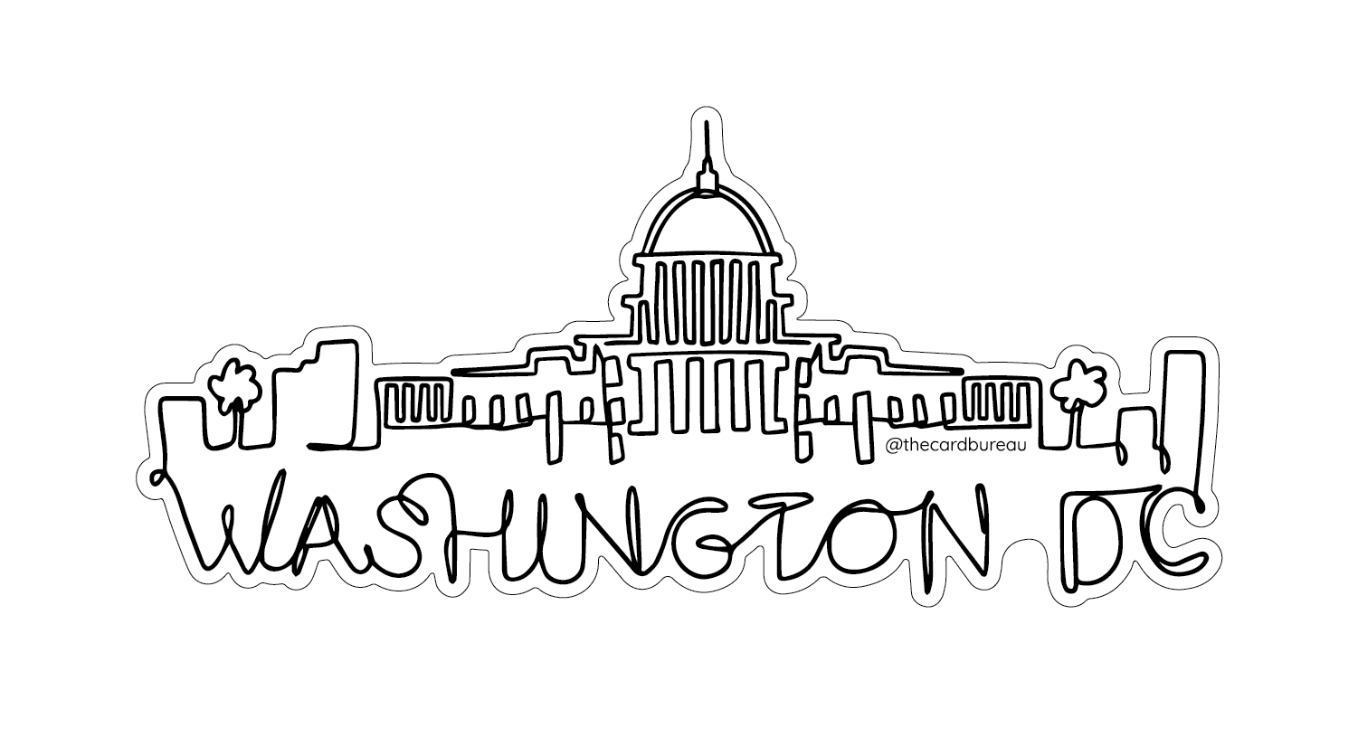 Sticker of a line drawing of the Washington DC skyline with 'Washington DC' text.