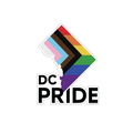 Sticker shaped like Washington, DC, filled with the colors of the Progress Pride flag.