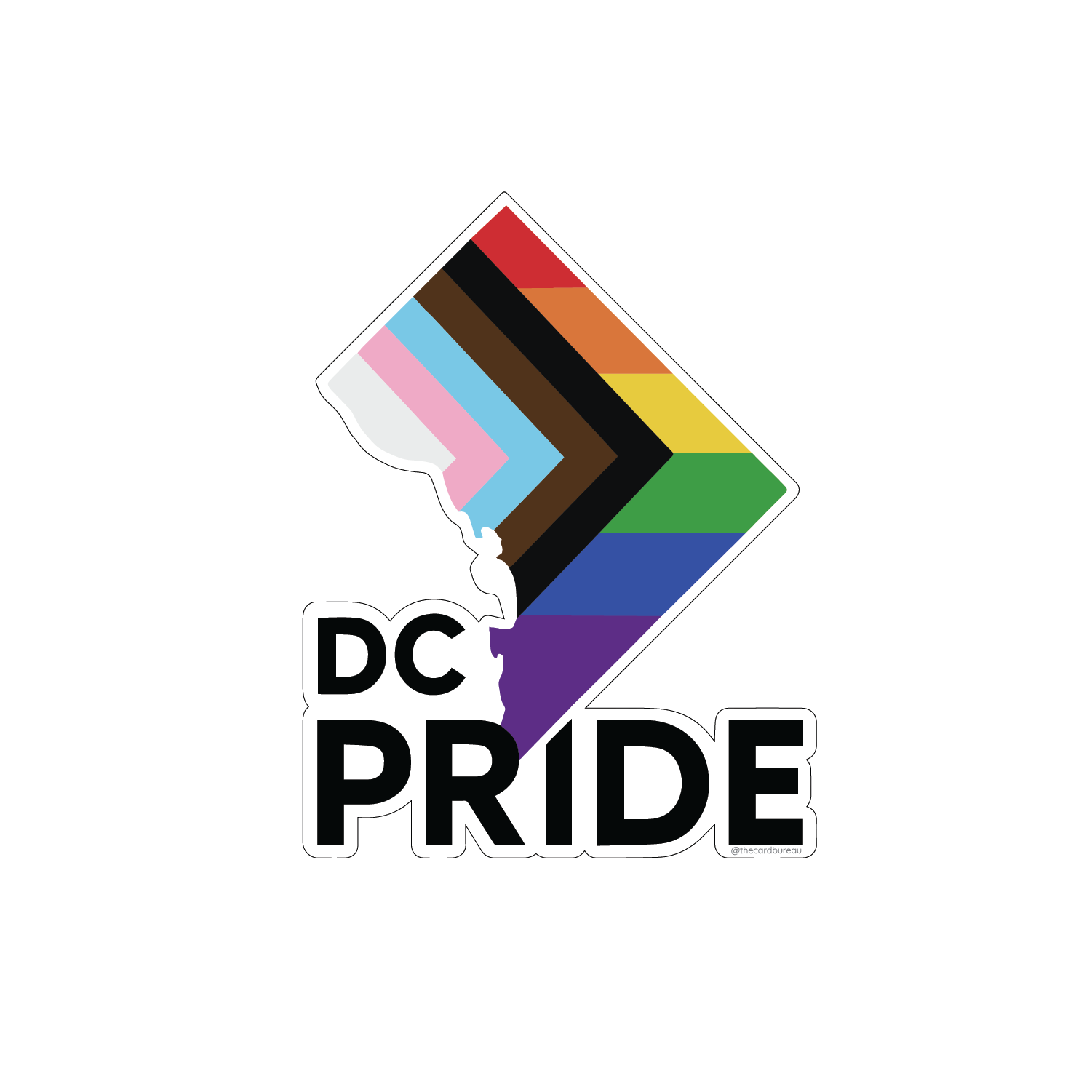 Sticker shaped like Washington, DC, filled with the colors of the Progress Pride flag.