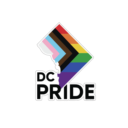 Sticker shaped like Washington, DC, filled with the colors of the Progress Pride flag.