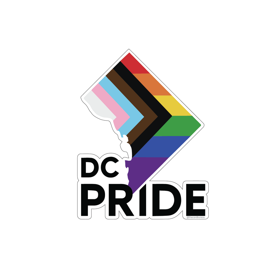 Sticker shaped like Washington, DC, filled with the colors of the Progress Pride flag.