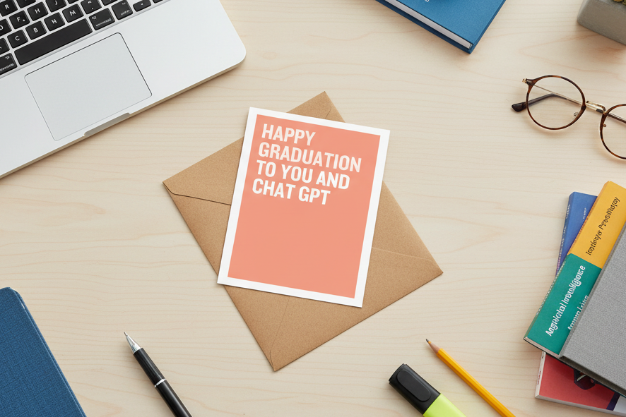 Graduation card with 'Happy Graduation to you and Chat GPT' on a desk with laptop, books, and stationery.