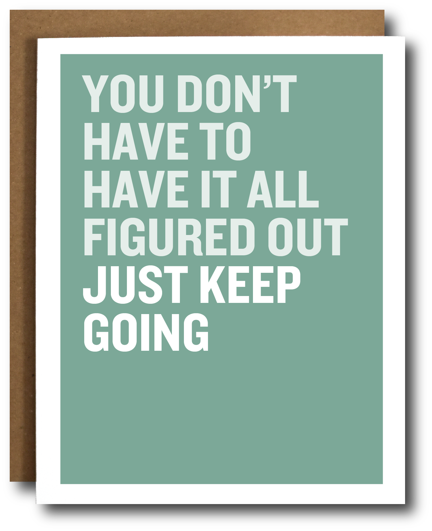 Motivational card with text 'You don't have to have it all figured out just keep going' on a green background.