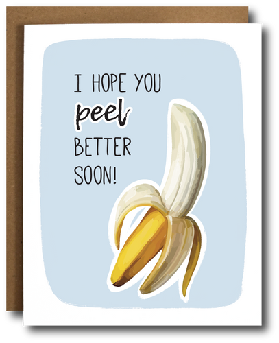 Greeting card with a banana illustration and text on a light blue background