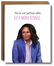 Greeting card featuring an illustrated portrait of Rep. Jasmine Crockett with the text “You’re not getting older, just more iconic."