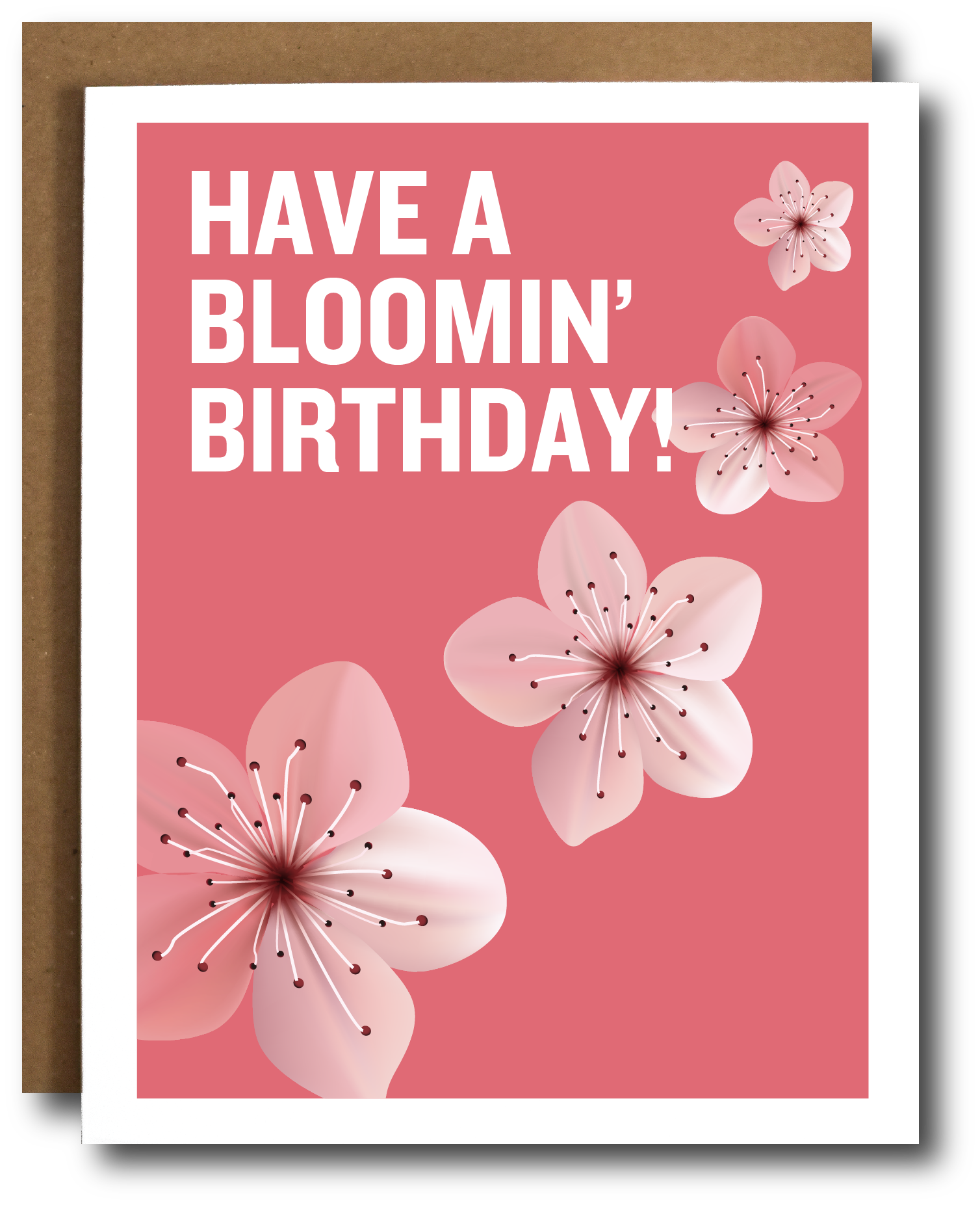 Birthday card with cherry blossom design and text 'HAVE A BLOOMIN' BIRTHDAY!' on a pink background.