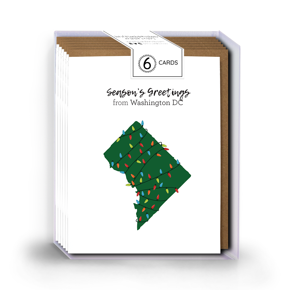 Pack of six holiday greeting cards with a map of Washington DC design on a white background that says 'season's greetings from Washington DC'.