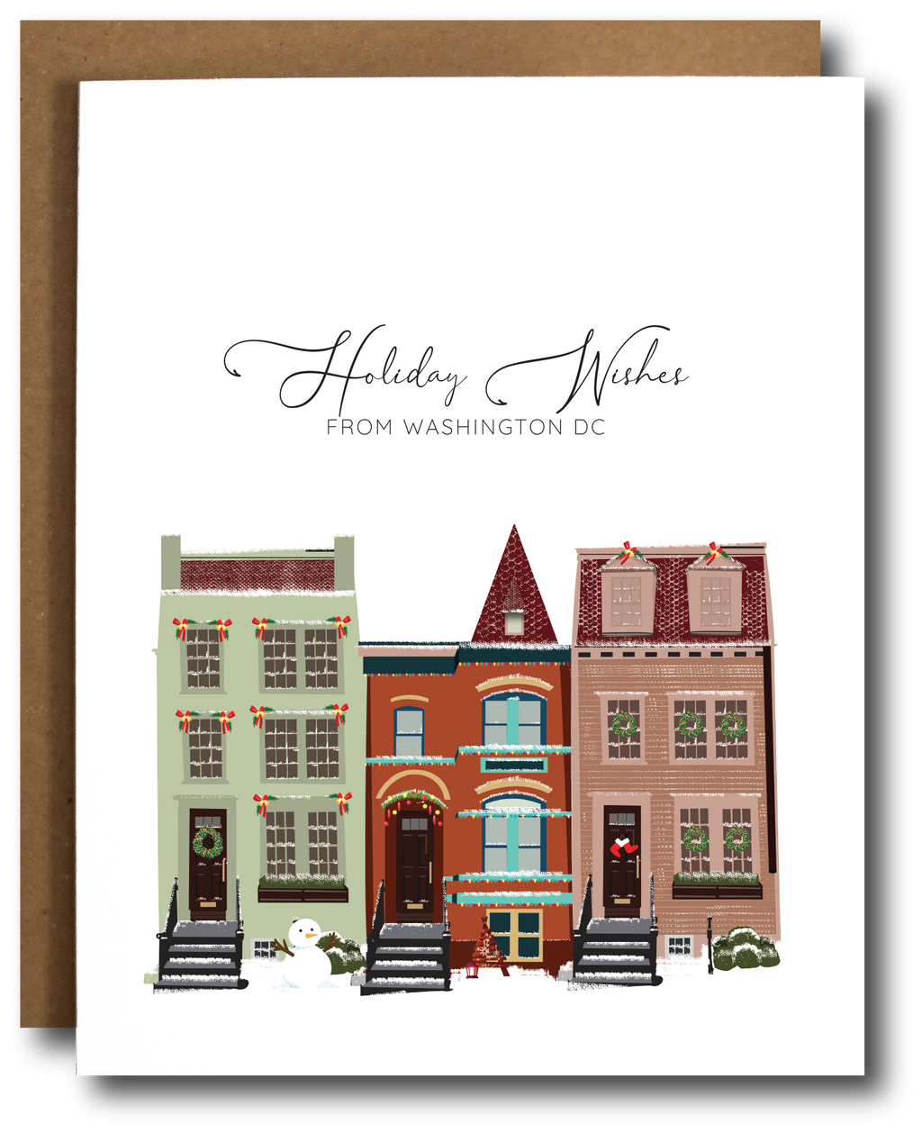 Greeting card with illustrated row houses and 'Holiday Wishes from Washington DC' text.