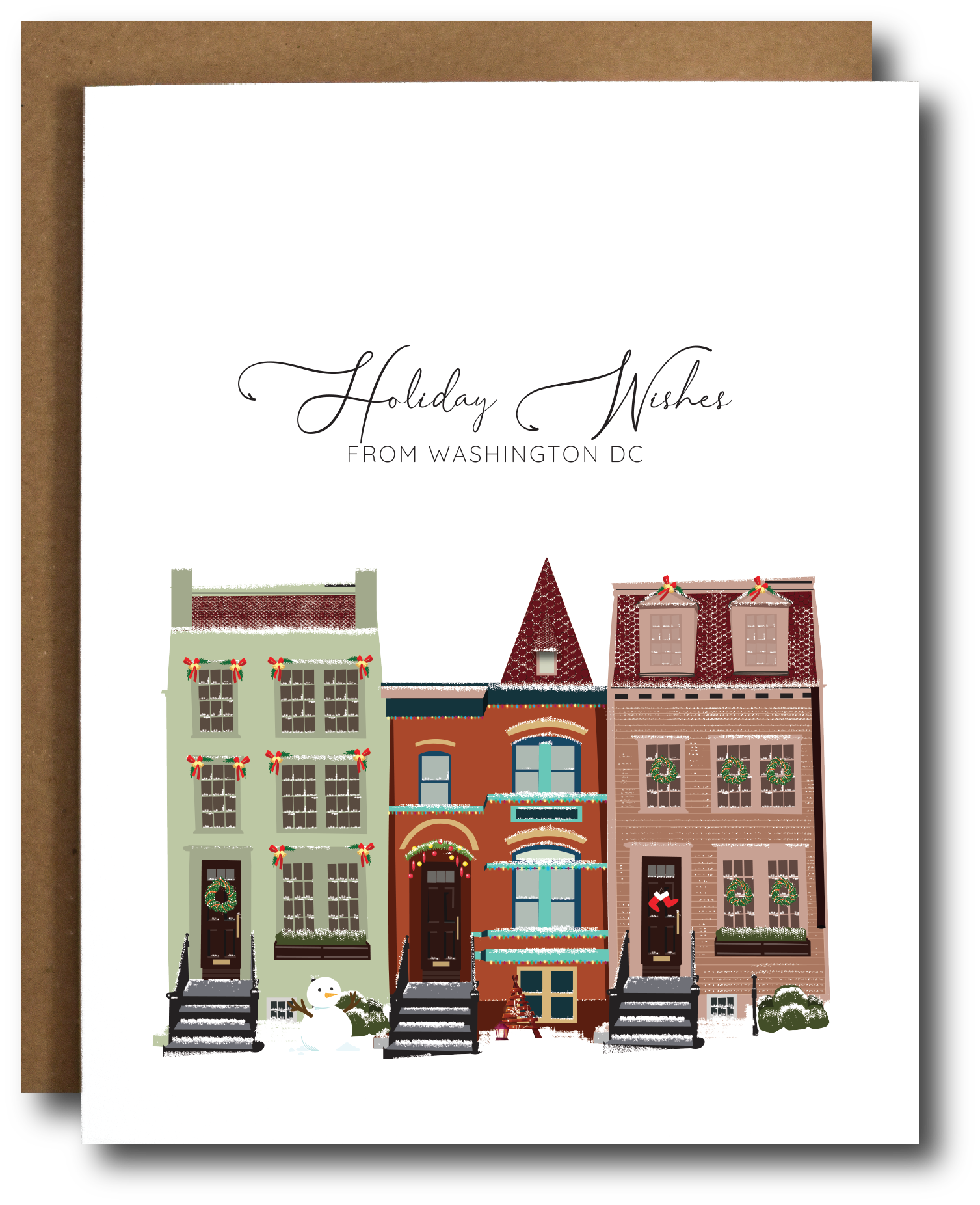 Greeting card with illustrated row houses and 'Holiday Wishes from Washington DC' text.