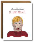 Holiday card featuring Kevin from Home Alone with the text 'Merry Christmas ya filthy animal,' a playful nod to the classic Christmas movie.