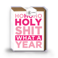 Pack of 6 greeting cards with pink text 'Ho Ho Ho Holy Shit what a year' on a white background.