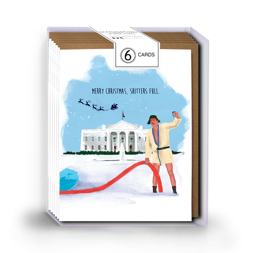 Pack of 6 holiday cards cards with illustration of Cousin Eddy in front of White House with text 'Merry Christmas, Shitters Full.'