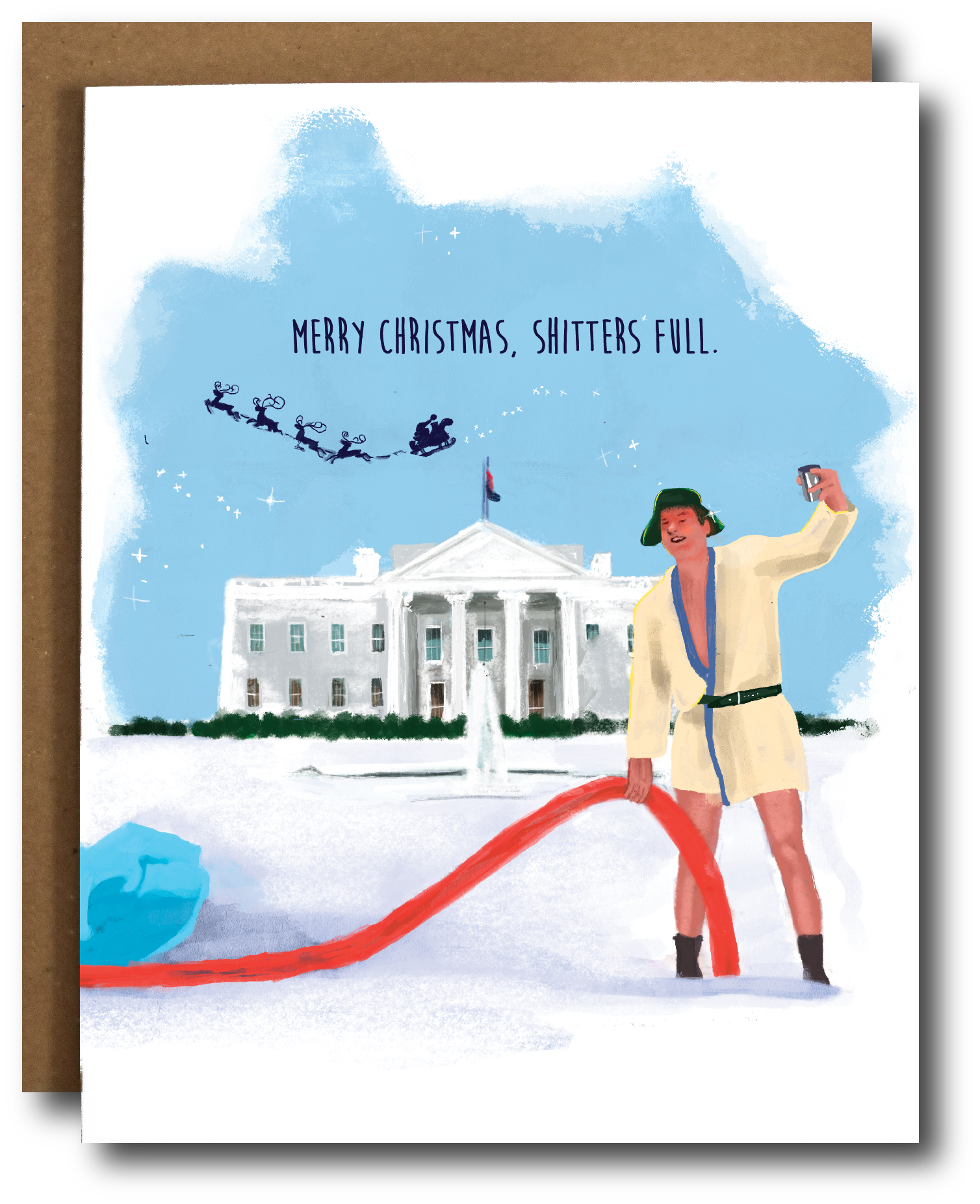 Holiday card featuring Cousin Eddie from National Lampoon’s Christmas Vacation standing in front of the White House, with the text 'Merry Christmas, Shitter’s Full,' suggesting a political commentary.