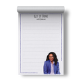 Jasmine Crockett 'Get It Done' notepad by The Card Bureau, featuring a bold illustration of Congresswoman Jasmine Crockett in a purple blazer at the bottom corner; lined 5x7 inch notepad with 50 sheets, perfect for to-do lists, notes, or daily planning