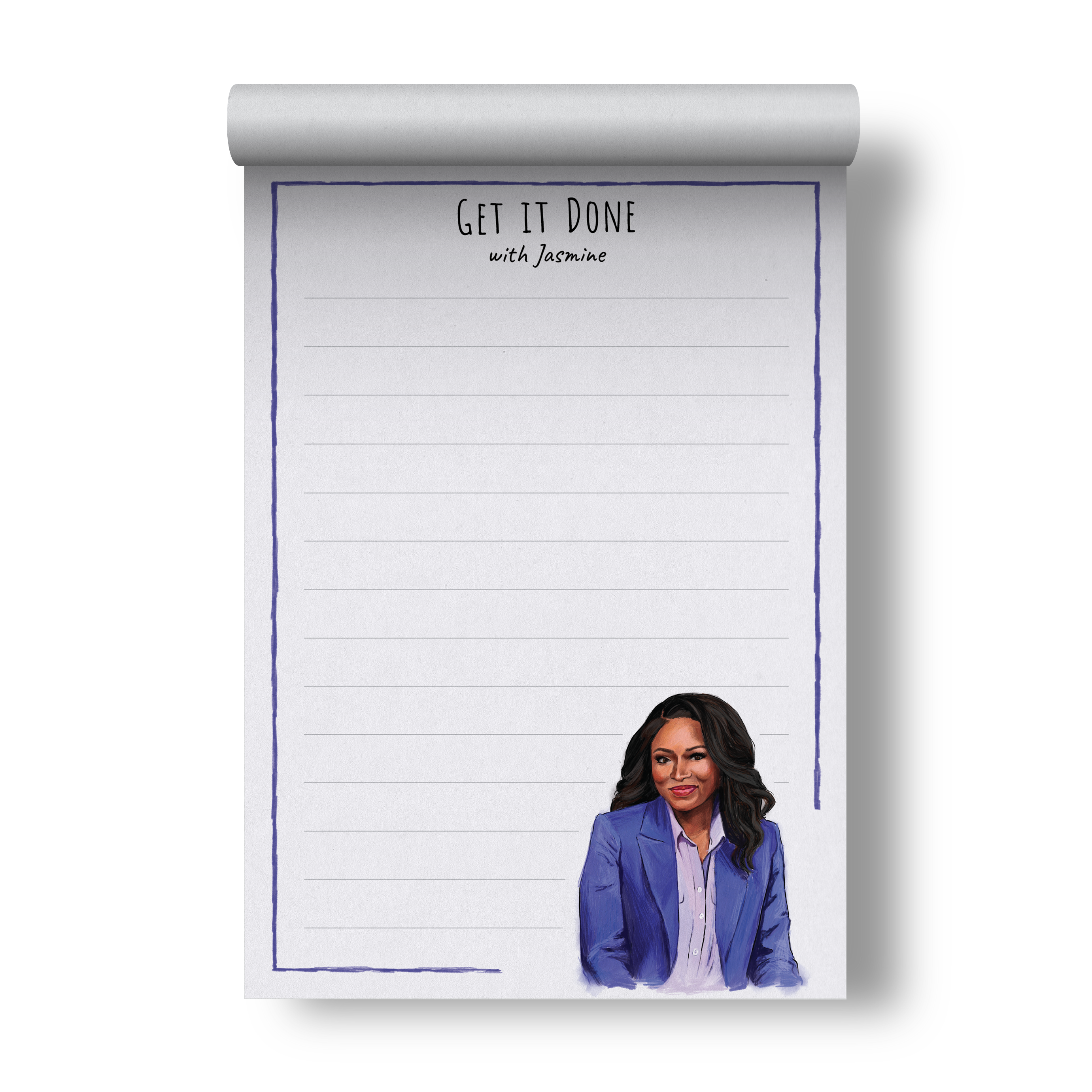 Jasmine Crockett 'Get It Done' notepad by The Card Bureau, featuring a bold illustration of Congresswoman Jasmine Crockett in a purple blazer at the bottom corner; lined 5x7 inch notepad with 50 sheets, perfect for to-do lists, notes, or daily planning