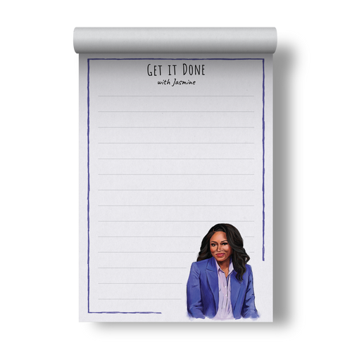 Jasmine Crockett 'Get It Done' notepad by The Card Bureau, featuring a bold illustration of Congresswoman Jasmine Crockett in a purple blazer at the bottom corner; lined 5x7 inch notepad with 50 sheets, perfect for to-do lists, notes, or daily planning