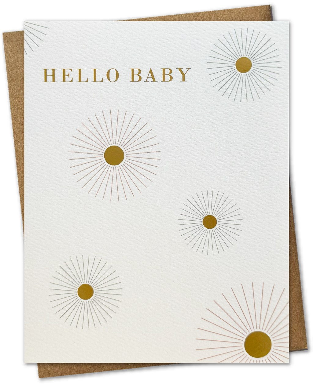 A greeting card with 'Hello Baby' text and a starburst design in gold foil on the front, with a beige envelope.