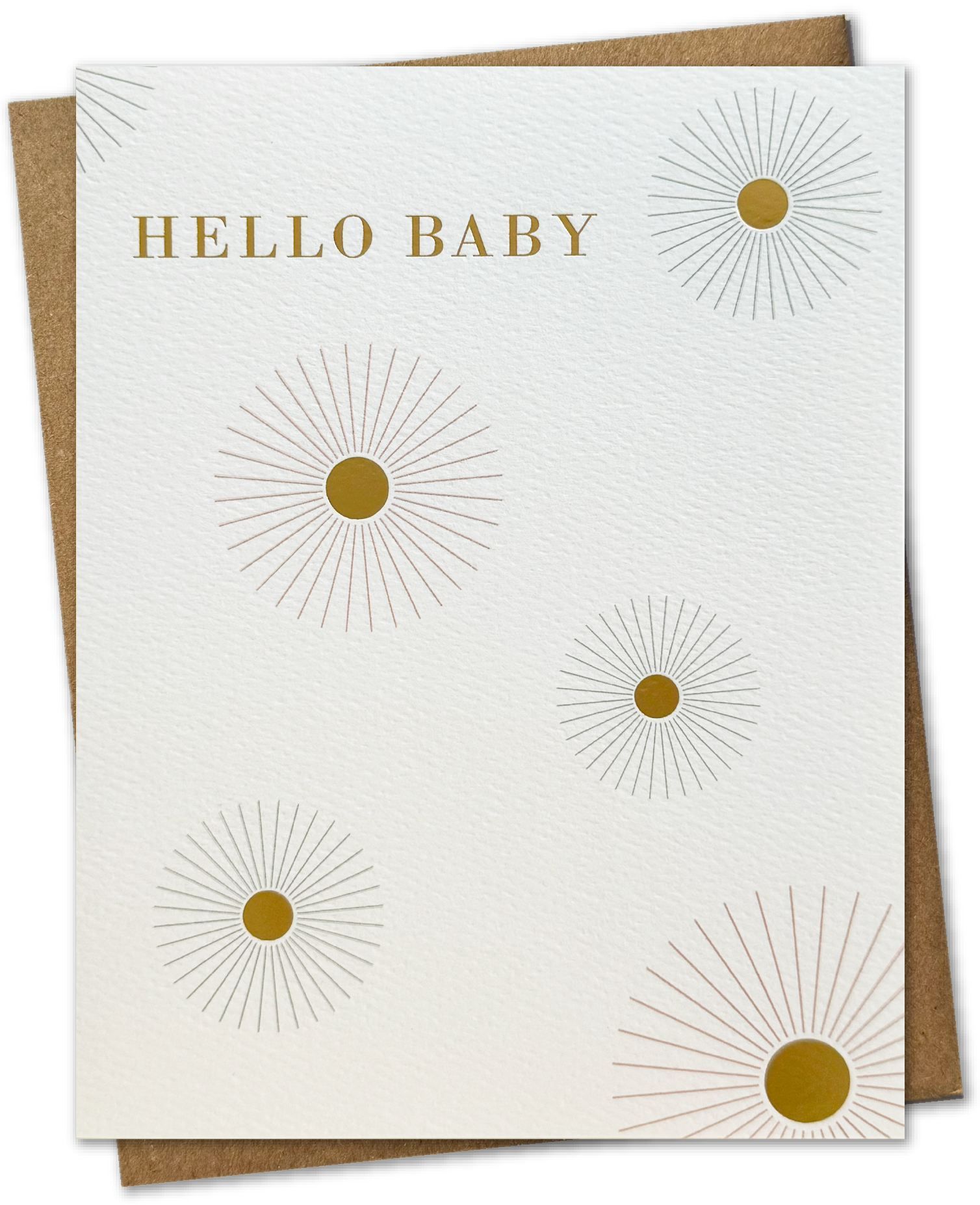 A greeting card with 'Hello Baby' text and a starburst design in gold foil on the front, with a beige envelope.