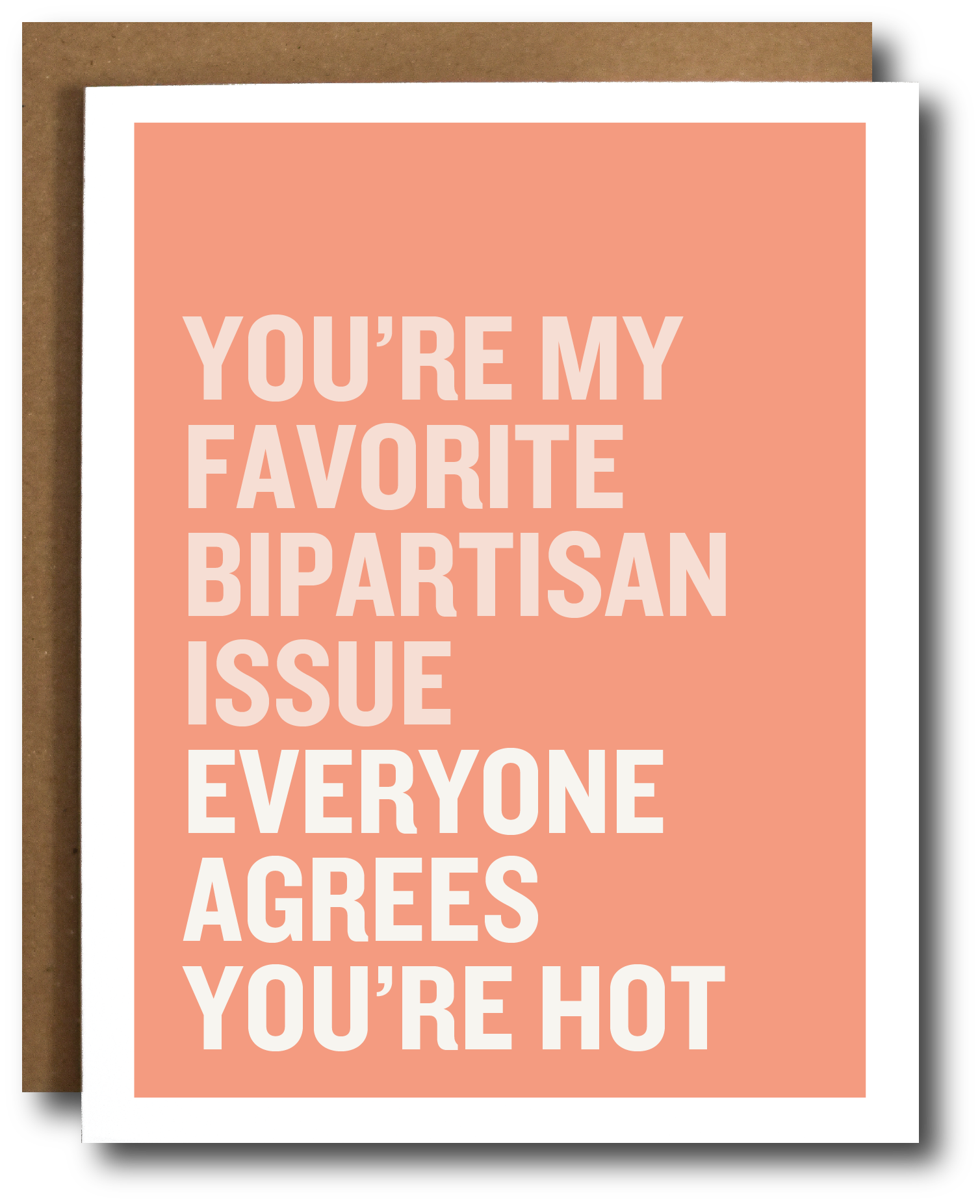 Card with text 'You're my favorite bipartisan issue everyone agrees you're hot' on a peach background.