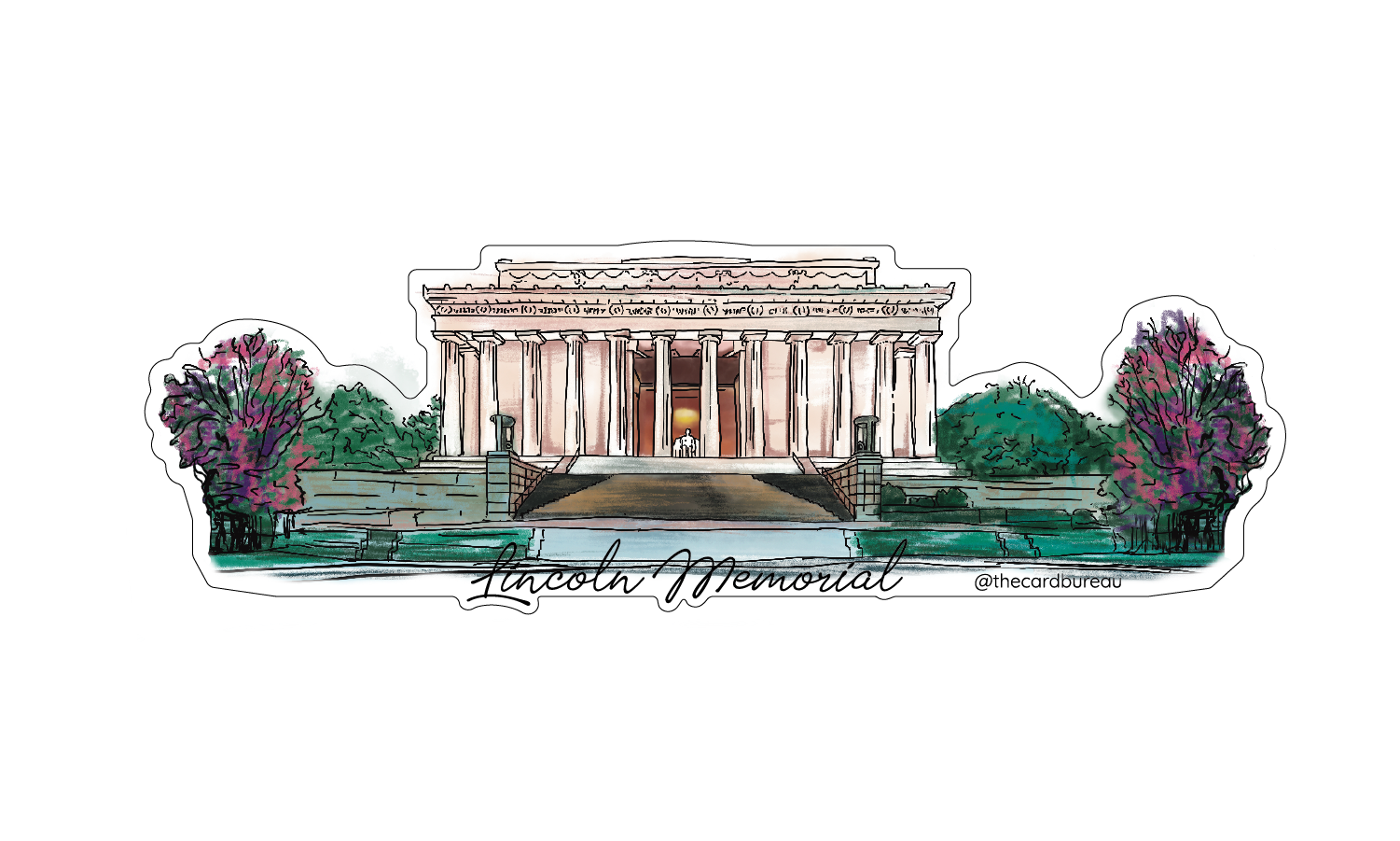 Sticker with an illustration of the Lincoln Memorial with trees and a path on a white background.