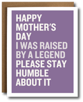 Mother's Day card with humorous text on a purple background