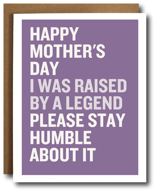 Mother's Day card with humorous text on a purple background