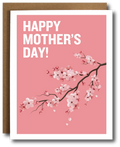 Mother's Day card with cherry blossoms and 'Happy Mother's Day!' text on a pink background.