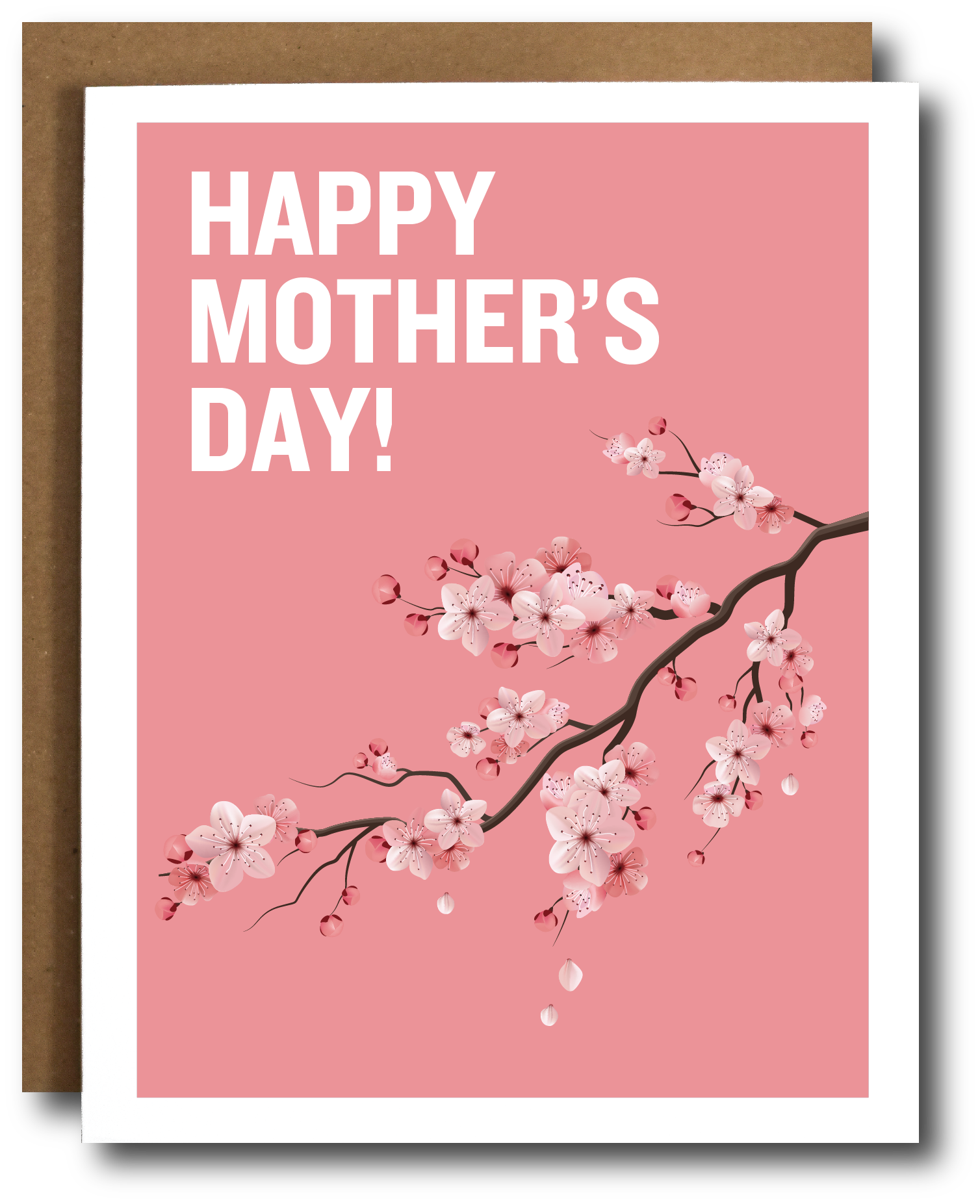 Mother's Day card with cherry blossoms and 'Happy Mother's Day!' text on a pink background.